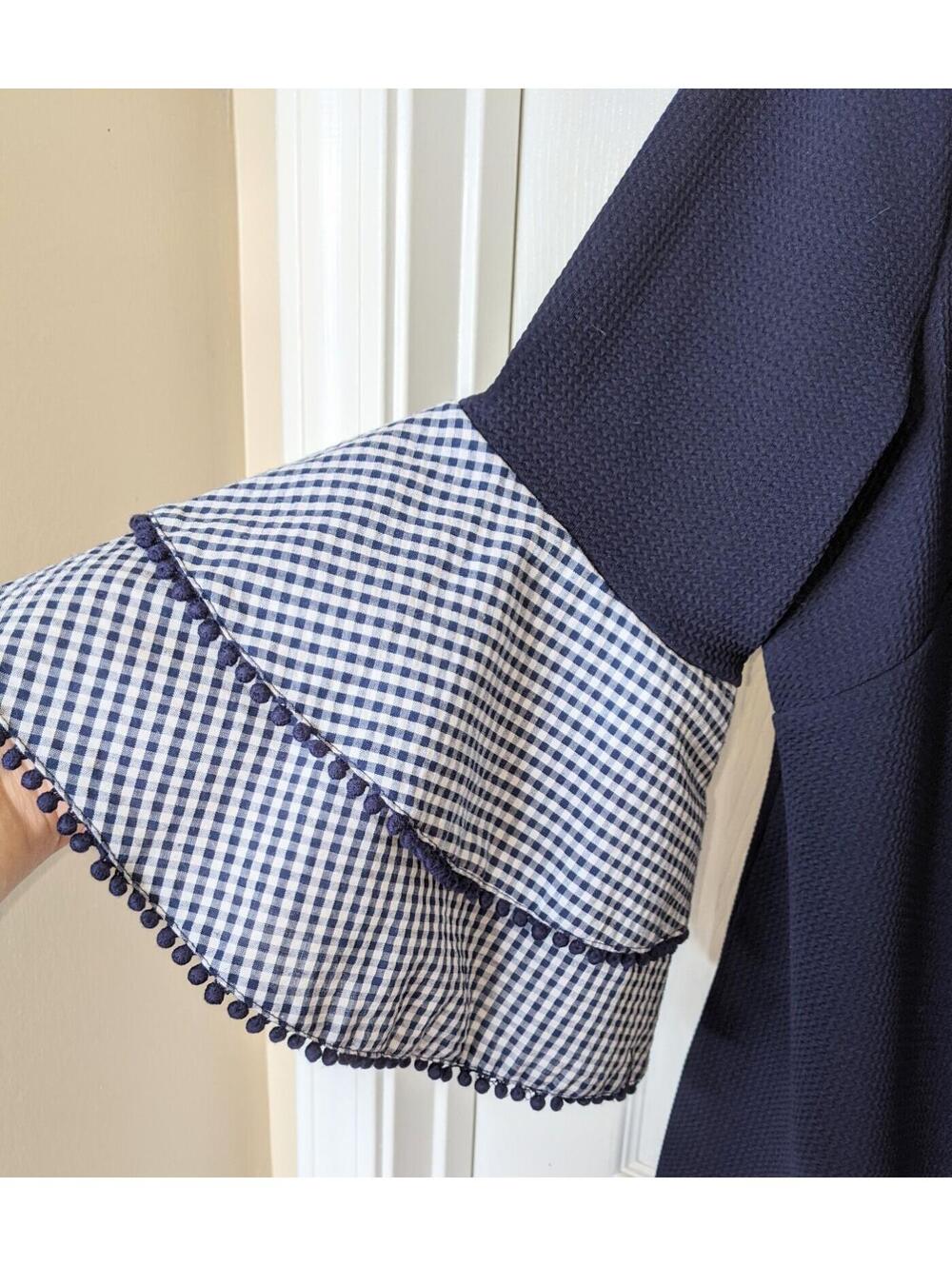 J. Howard Navy Blue Textured Shirt Dress Gingham Tiered Bell Sleeves Size 14 - Picture 2 of 5